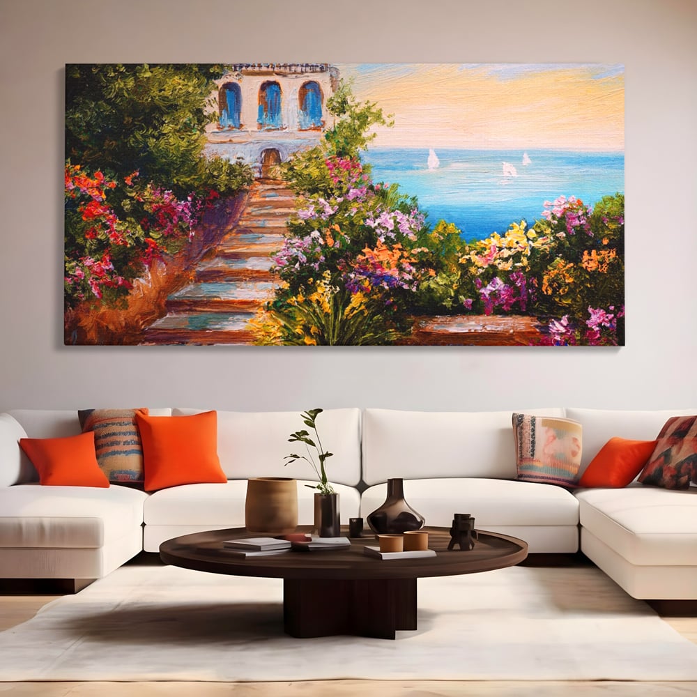 Tablou canvas cu pictura cu scari florale spre mare, fara rama, pe sasiu de lemn, pe perete intr-un living